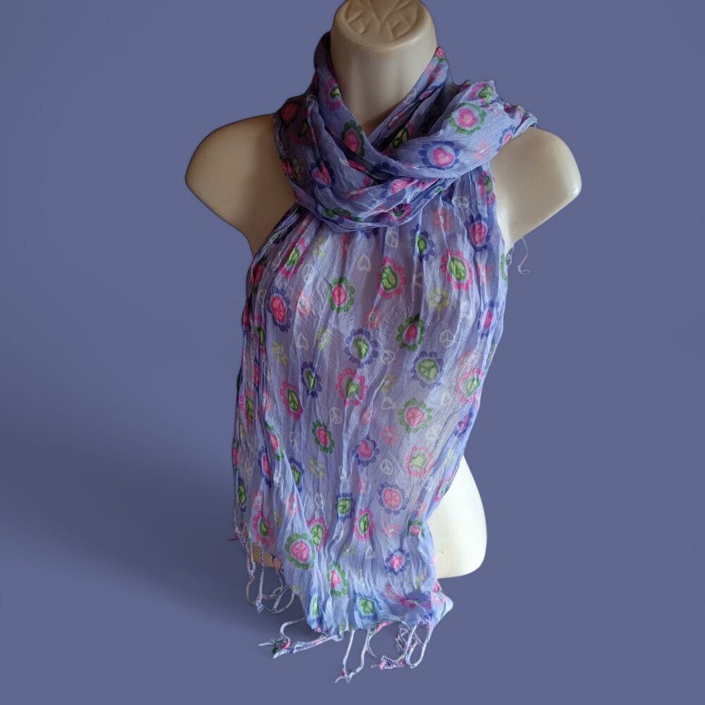 Tassel Scarf Little Girls Long Viscose Lavender Peace Sign Flowers 54" x 17" NEW